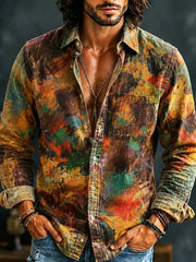 Men's Vintage Oil Painting Style Print Linen Blend Pocket Shirt