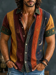 Men's Vintage Patchwork Peace Sign Sun Moon Star Art Print Shirt