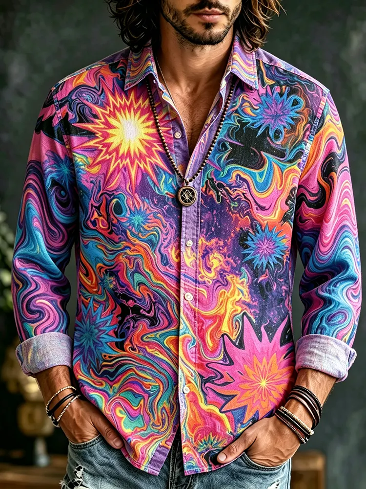 Men's Long Sleeve Button-down Shirt - Colorful Psychedelic Fluid Swirl, Sun And Radiant Starburst Print Top