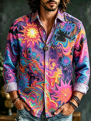 Men's Long Sleeve Button-down Shirt - Colorful Psychedelic Fluid Swirl, Sun And Radiant Starburst Print Top