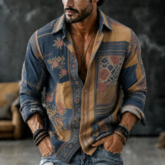 Men's Vintage Floral Patchwork Embroidered Art Print Flowy Linen Blend Casual Long Sleeve Shirt