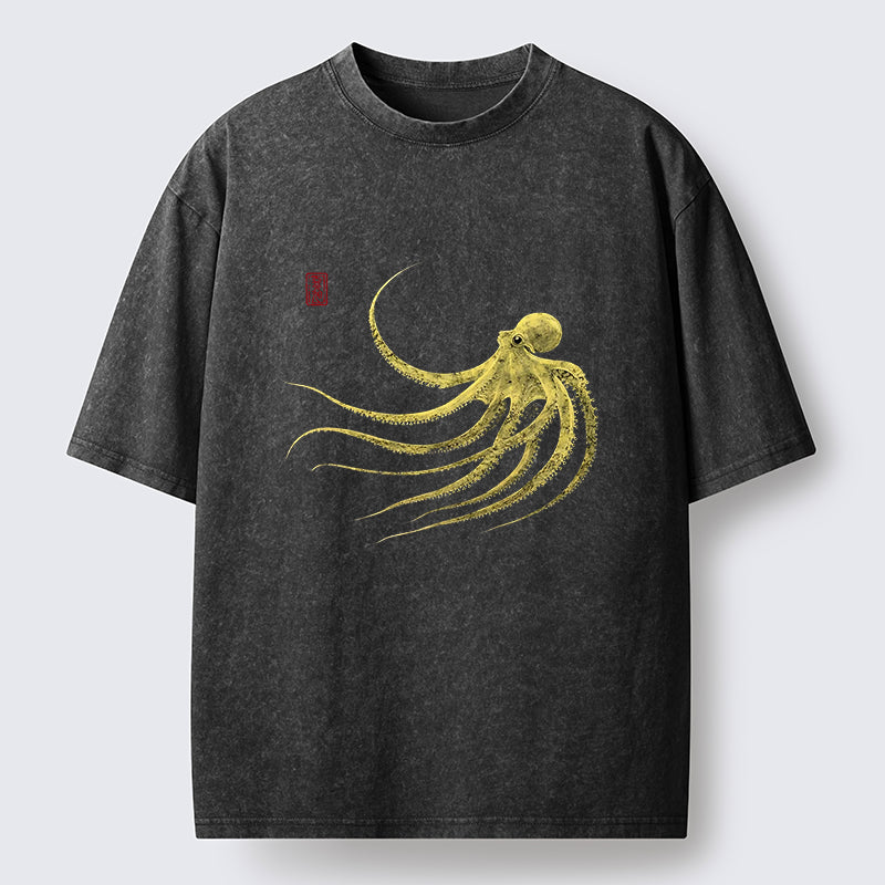 Tokyo-Tiger Retro Octopus Japanese Washed T-Shirt