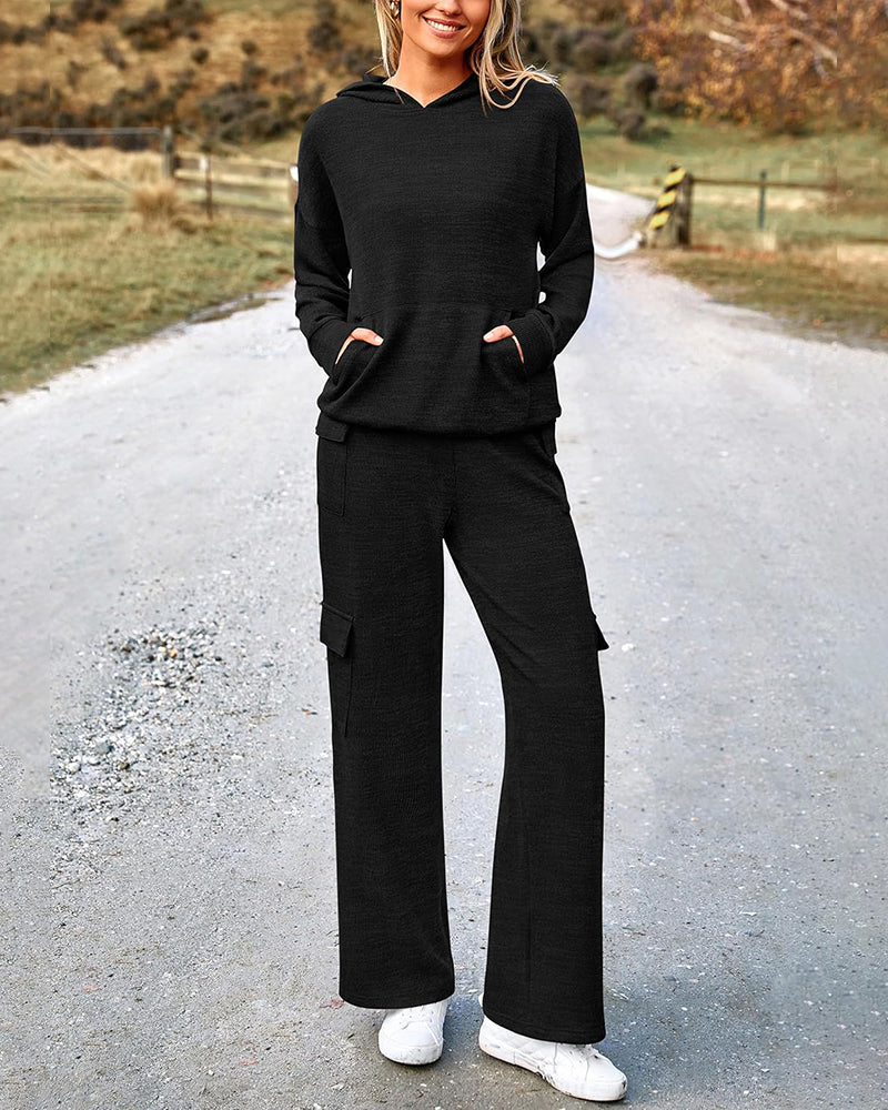 2-Piece Knit Hoodie & Wide Leg Pants Outfit - view 7