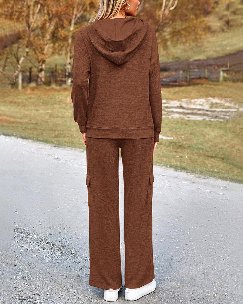2-Piece Knit Hoodie & Wide Leg Pants Outfit - view 3
