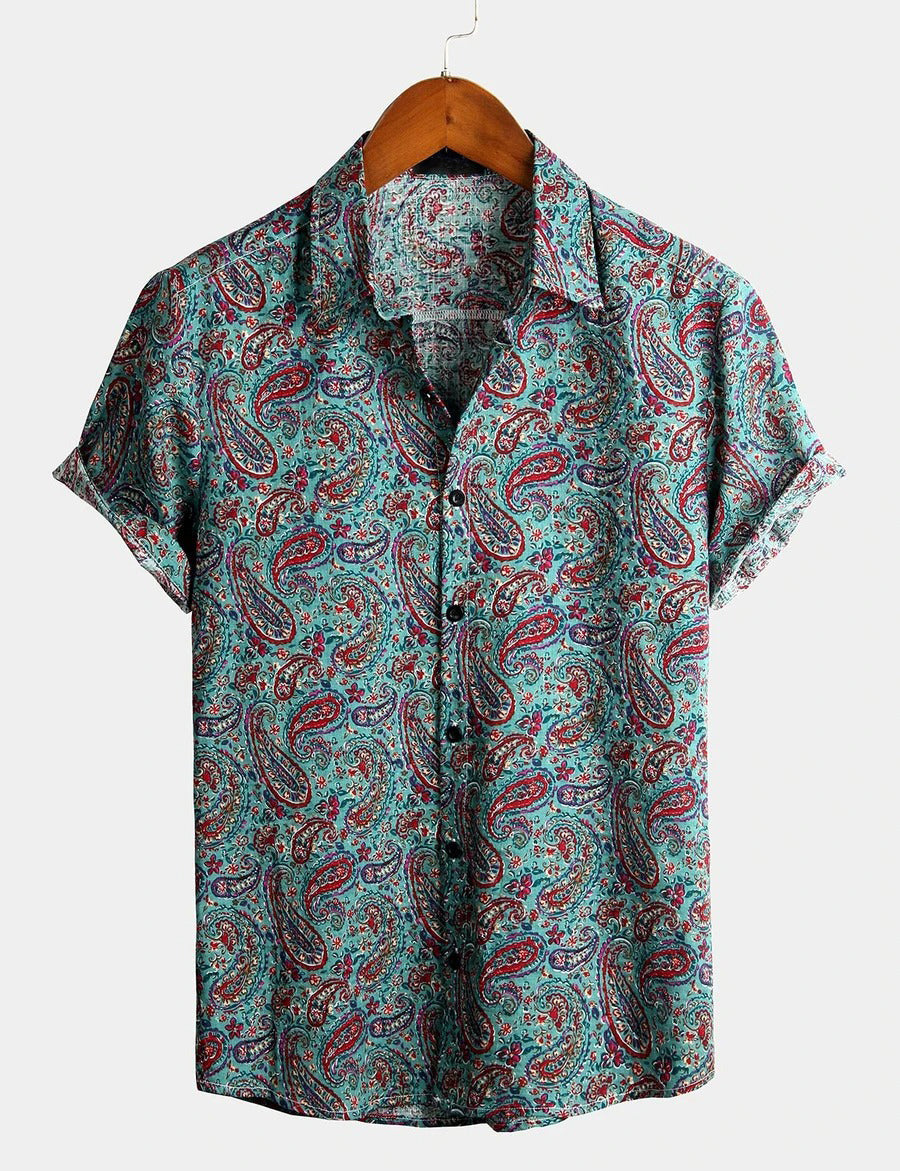 Men's Short Sleeve Classic Paisley Pattern Cotton Shirt