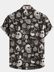 Men's Skull Rose Floral Punk Rock and Roll Cool Button Up Shirt