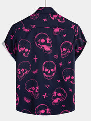 Men's Pink Skull Print Art Graphic Button Short Sleeve Aloha Hawaiian Shirt