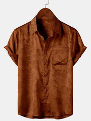 Men's Brown Jacquard Pocket Silky Satin Floral Short Sleeve Shirt