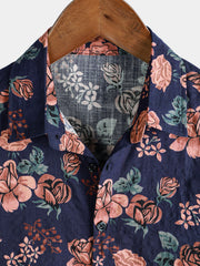Men's Floral Retro Navy Blue Summer Holiday Short Sleeve Shirt