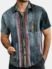 Men’s Green Vintage Striped Hawaiian Button Up Short Sleeve Shirt