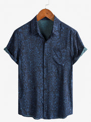 Men's Rayon Navy Blue Geometric Tribal Print Boho Short Sleeve Shirt