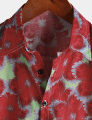Men‘s 100% Cotton Hawaiian Red Floral Short Sleeve Button Summer Beach Shirt