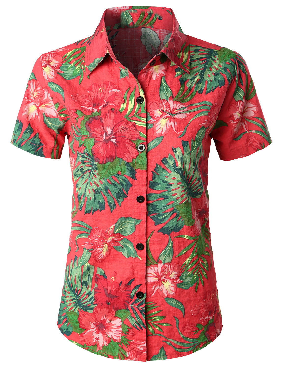 Women's Floral Print Breathable Blouse Cotton Aloha Short Sleeve Red Hawaiian Shirt