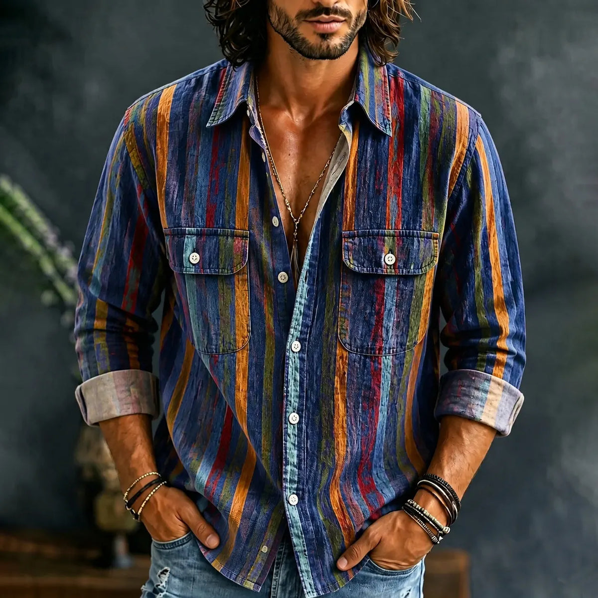 Men's Retro Colorful Stripe Print Pocket Shirt