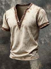 Men's Retro Contrast V-Neck Short Sleeve T-Shirt