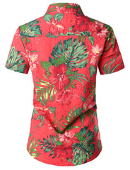 Women's Floral Print Breathable Blouse Cotton Aloha Short Sleeve Red Hawaiian Shirt