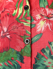 Women's Floral Print Breathable Blouse Cotton Aloha Short Sleeve Red Hawaiian Shirt
