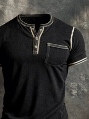 Men'S Retro Color Block Waffle Henley Collar Short-Sleeve Top