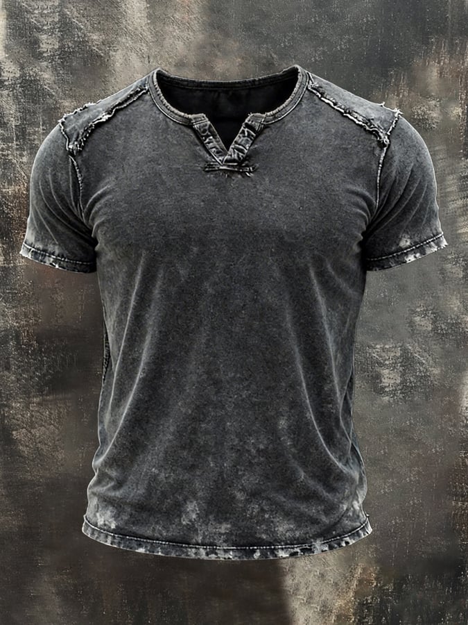 Men's Retro Distressed Frayed Edge Small V-Neck Short-Sleeve Top