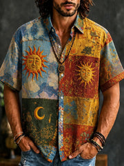 Men's Hippie Style Sun Moon Contrast Patchwork Print Shirt
