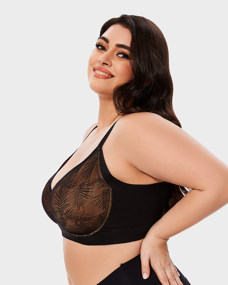Leaf Pattern Lace Full Coverage Unlined Push Up Bra - view 7