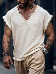 Men's Retro Cotton Linen Frayed Edge V-Neck Short-Sleeve T-Shirt