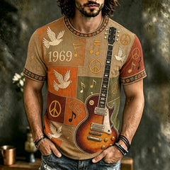 Men's Hippie Music Guitar Pattern Patchwork Print T-shirt