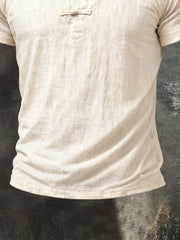 Men'S Cotton And Linen Ethnic Style Short-Sleeved T-Shirt With Chinese Knot Buttons