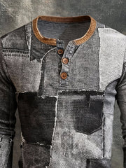 Men's Retro Stitching Contrast Color Henley Collar Long Sleeve T-Shirt