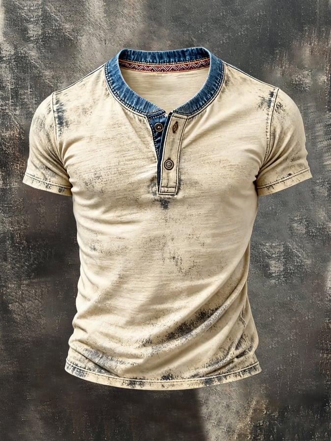 Men'S Retro Pure Cotton Washed Distressed Color-Blocked Henley Collar Short-Sleeve Top
