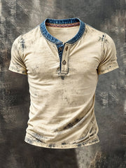 Men'S Retro Pure Cotton Washed Distressed Color-Blocked Henley Collar Short-Sleeve Top