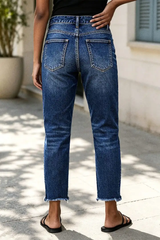 Wash Ripped Raw Hem Straight Leg Mid Rise Crop Jeans