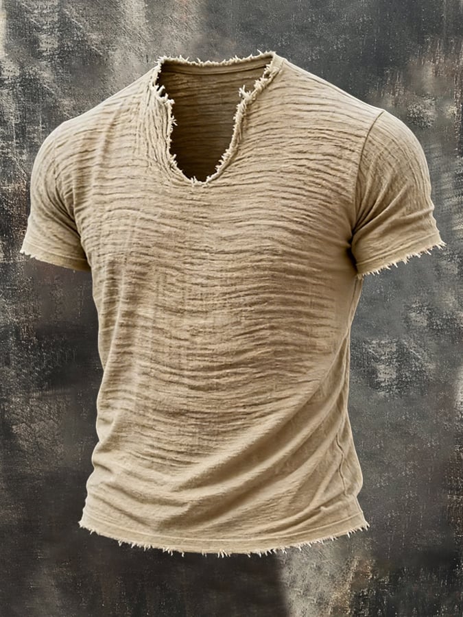 Men's Retro Cotton Linen Frayed Edge Special V-Neck Short-Sleeve T-Shirt