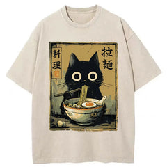 Tokyo-Tiger Cute Black Cat Eating Ramen Japan Washed T-Shirt