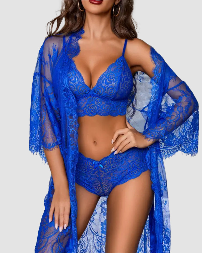 3-Piece Sheer Floral Lace Sleepwear Set - view 13