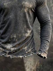 Men's Retro Washed Distressed Casual V-Neck Long-Sleeve Top