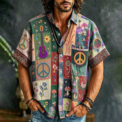 Men's Peace Sign And Guitar Hippie Patchwork Print Casual Shirt
