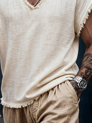 Men's Retro Cotton Linen Frayed Edge V-Neck Short-Sleeve T-Shirt