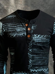 Men's Retro Stitching Contrast Color Henley Collar Long Sleeve T-Shirt