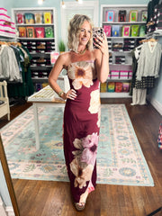 Botanical Bliss Strapless Maxi Dress - Burgundy