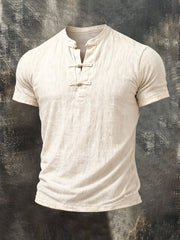 Men'S Cotton And Linen Ethnic Style Short-Sleeved T-Shirt With Chinese Knot Buttons