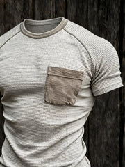Men's Retro Distressed Color Block Waffle Knit Crew Neck Short Sleeve Top