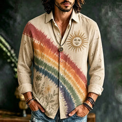 Men's Long Sleeve Button-down Shirt - Beige Casual Top With Diagonal Rainbow Stripe, Smiling Sun, Moon And Floral Print