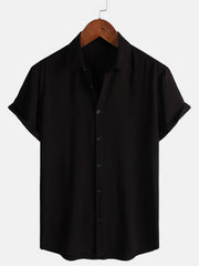 Men's Black Casual Solid Color Rayon Summer Short Sleeve Shirt