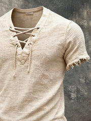 Men'S Cotton And Linen Ethnic Style Short-Sleeved T-Shirt With Frayed Edges