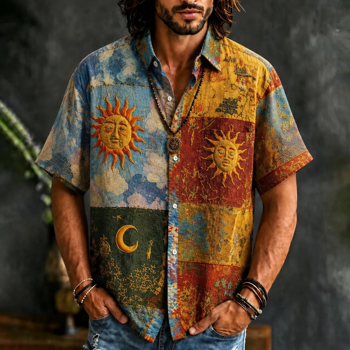 Men's Hippie Style Sun Moon Contrast Patchwork Print Shirt