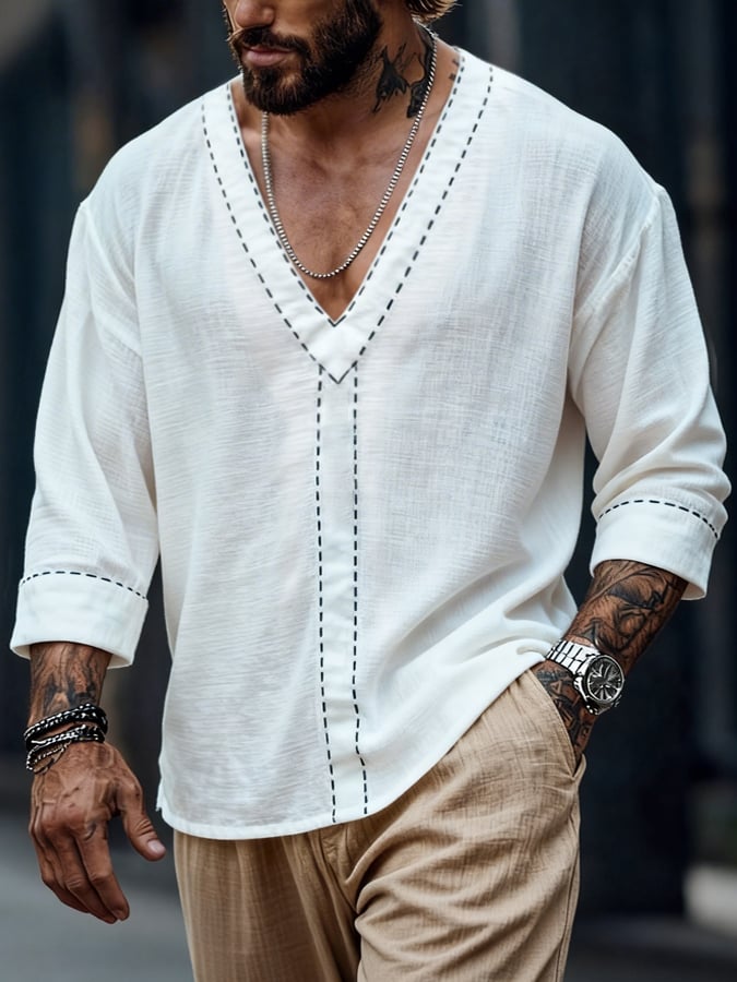 Men's Retro Cotton Linen Color Block Striped V-Neck Mid-Sleeve T-Shirt