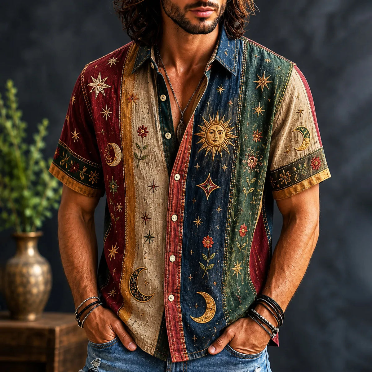 Men's Vintage Patchwork Flowers Sun Moon Striped Art Print Shirt