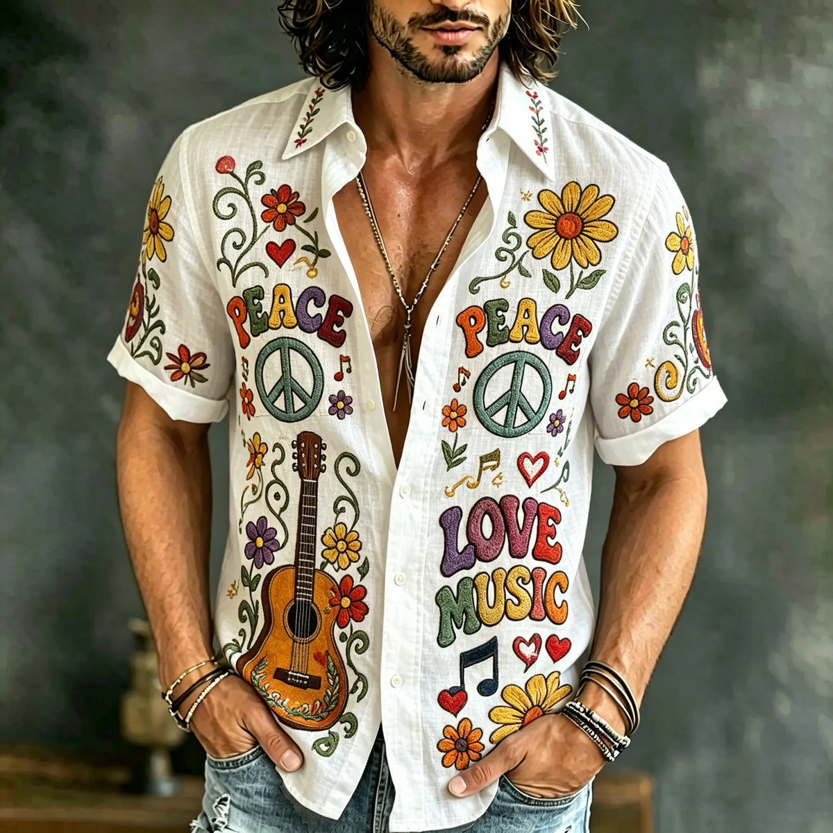 Men's Hippie Music Floral Print Short Sleeve Shirt