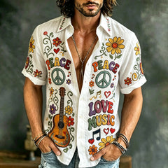Men's Hippie Music Floral Print Short Sleeve Shirt